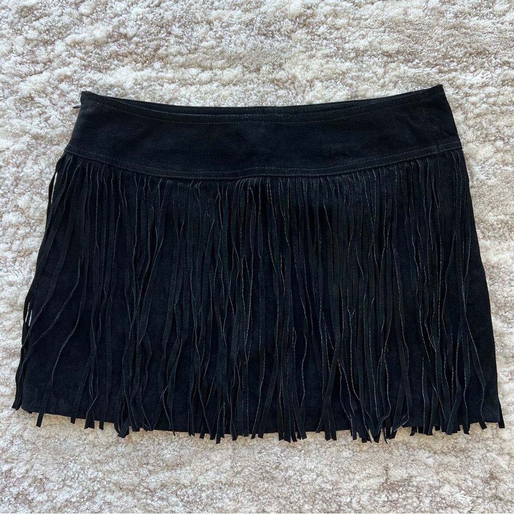 Fringe Black Suede Leather Mini Skirt Size 30 (M)
